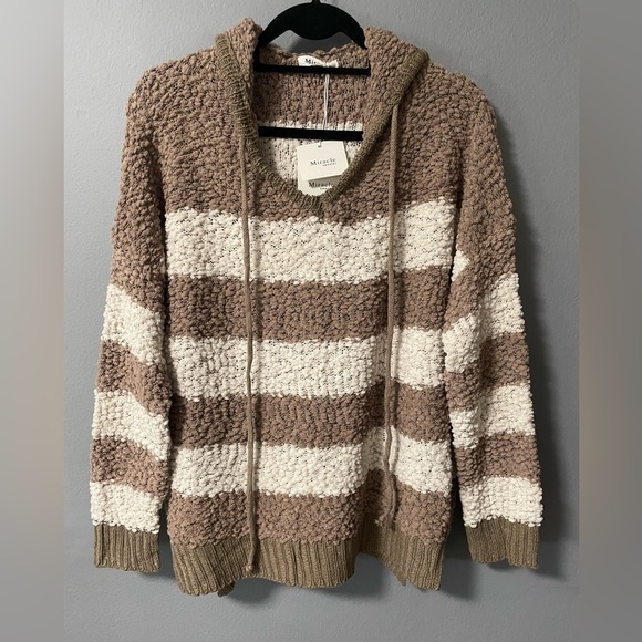 NWT Miracle Popcorn Chenille Cream/Tan Colorblock Sweater Hoodie. Size S/M - Picture 1 of 9